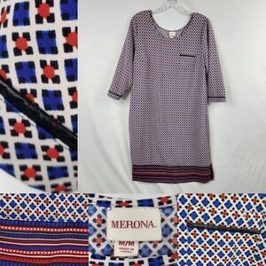 M MERONA faux leather trim stretch NO IRON red blue geometric 3/4 sleeve dress